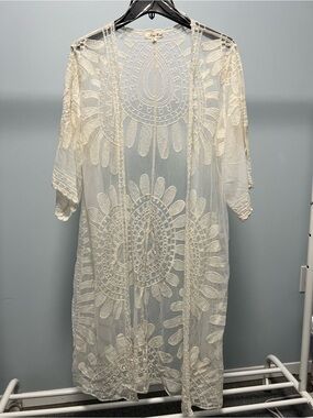 Ivory Crochet Lace Kimono Open Front Cover-up size L